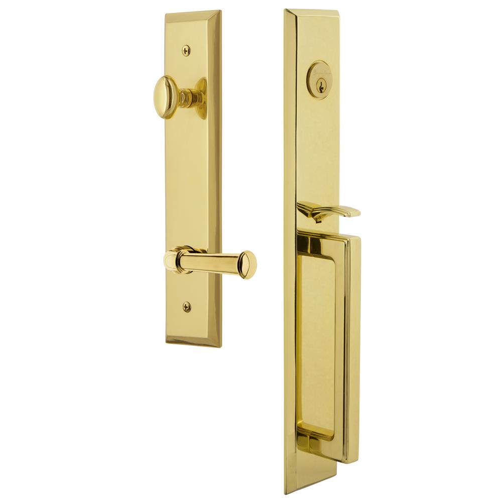 Grandeur by Nostalgic Warehouse FAVDGRGEO Fifth Avenue One-Piece Handleset with D Grip and Georgetown Lever in Lifetime Brass